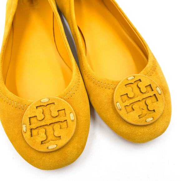 Tory Burch Minnie Travel Ballet Flats Gold Crest Suede Leather Logo Yellow Sz 7 - Picture 5 of 10